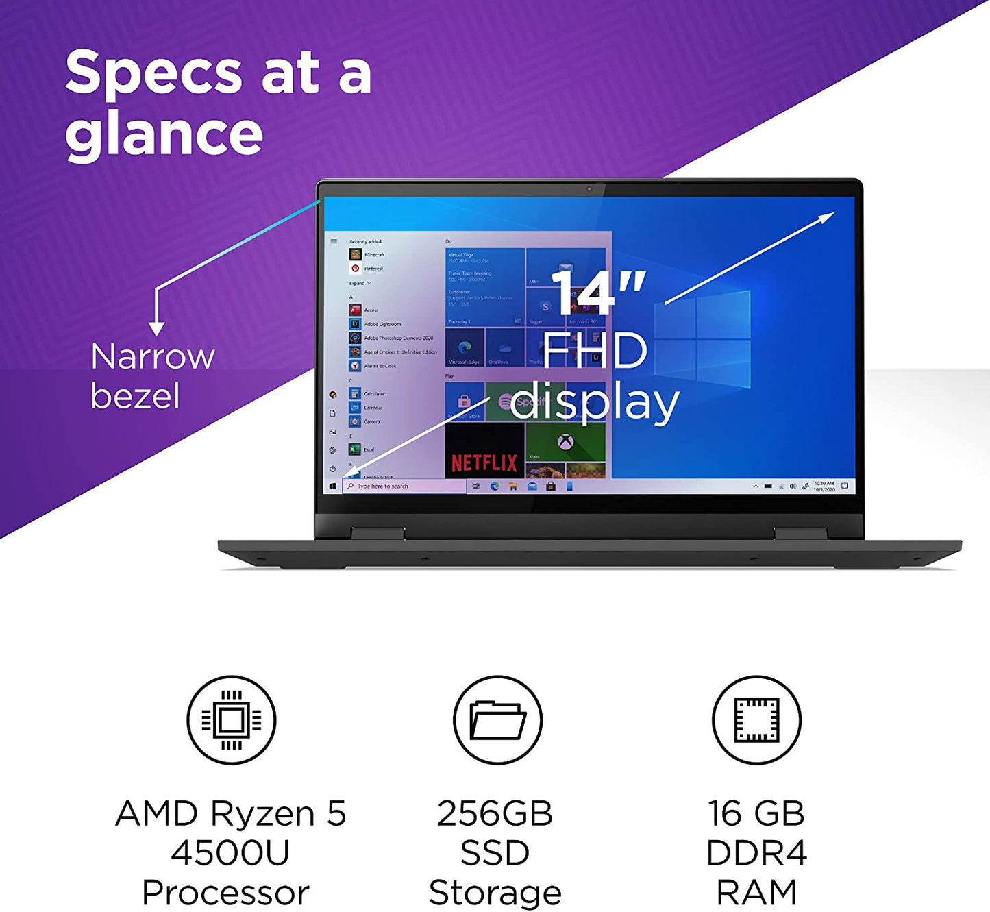 Lenovo Flex 5 Laptop, 14.0" FHD Touch Display, AMD Ryzen 5 5500U, 16GB RAM, 256GB Storage, AMD Radeon Graphics, Windows 11 Home