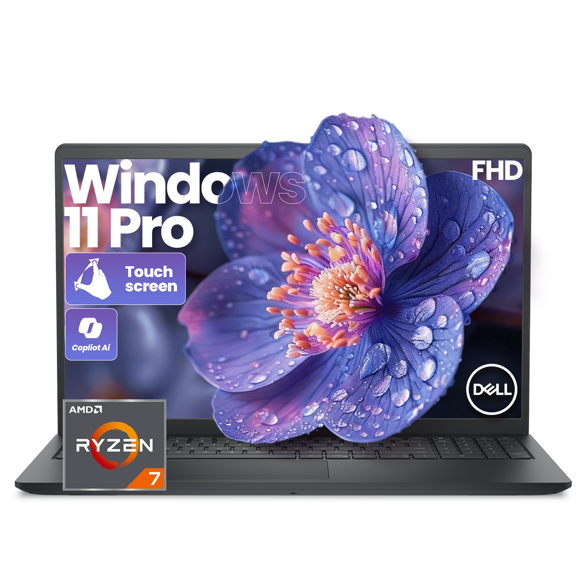 Dell 15 Touchscreen Laptop, AMD Ryzen 7 7730U (Beats i7-1355U), 20GB RAM, 512GB NVMe SSD, Windows 11 Pro, 15.6" FHD IPS, Copilot AI, Type-C, HDMI, Black, 2026 Model