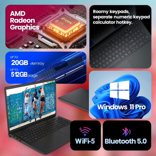 Dell 15 Touchscreen Laptop for Business & Student, AMD R7 7730U(Beats Intel core i7-1355u), 15.6" FHD, SD Card Reader, Windows 11 Pro & Copilot AI, WiFi & BT(20GB RAM | 512GB SSD)
