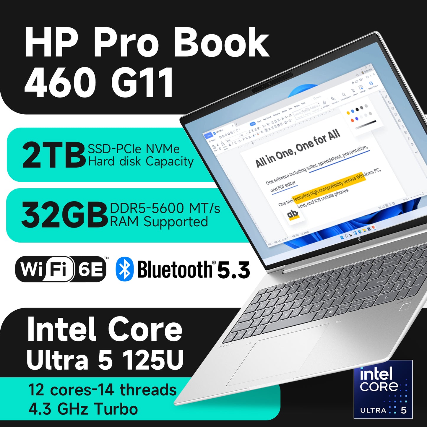 HP Probook Laptop for Business, Intel Core Ultra 5-125U, 16" WUXGA (1920x1200) Display, Copilot AI & NPU(11 TOPS), Wi-Fi 6E & Bluetooth 5.3, RJ-45, Windows 11 Pro, Patented KB Kit(32GB DDR5 | 2TB SSD)