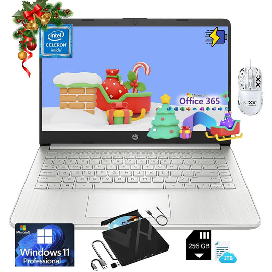 HP 14-inch Essential Portable Laptop - with External CD/DVD Drive & 1-Year AI-Powered Office 365 | 1TB Cloud Storage | Intel Quad-Core | Win 11 Pro with 256G External SD Storage (16G RAM | 128G eMMC)