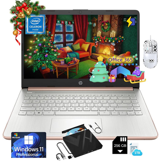 HP 14-inch Essential Portable Laptop - with External CD/DVD Drive & 1-Year AI-Powered Office 365 | 1TB Cloud Storage | Intel Quad-Core | Win 11 Pro with 256G External SD Storage (16G RAM | 128G eMMC)