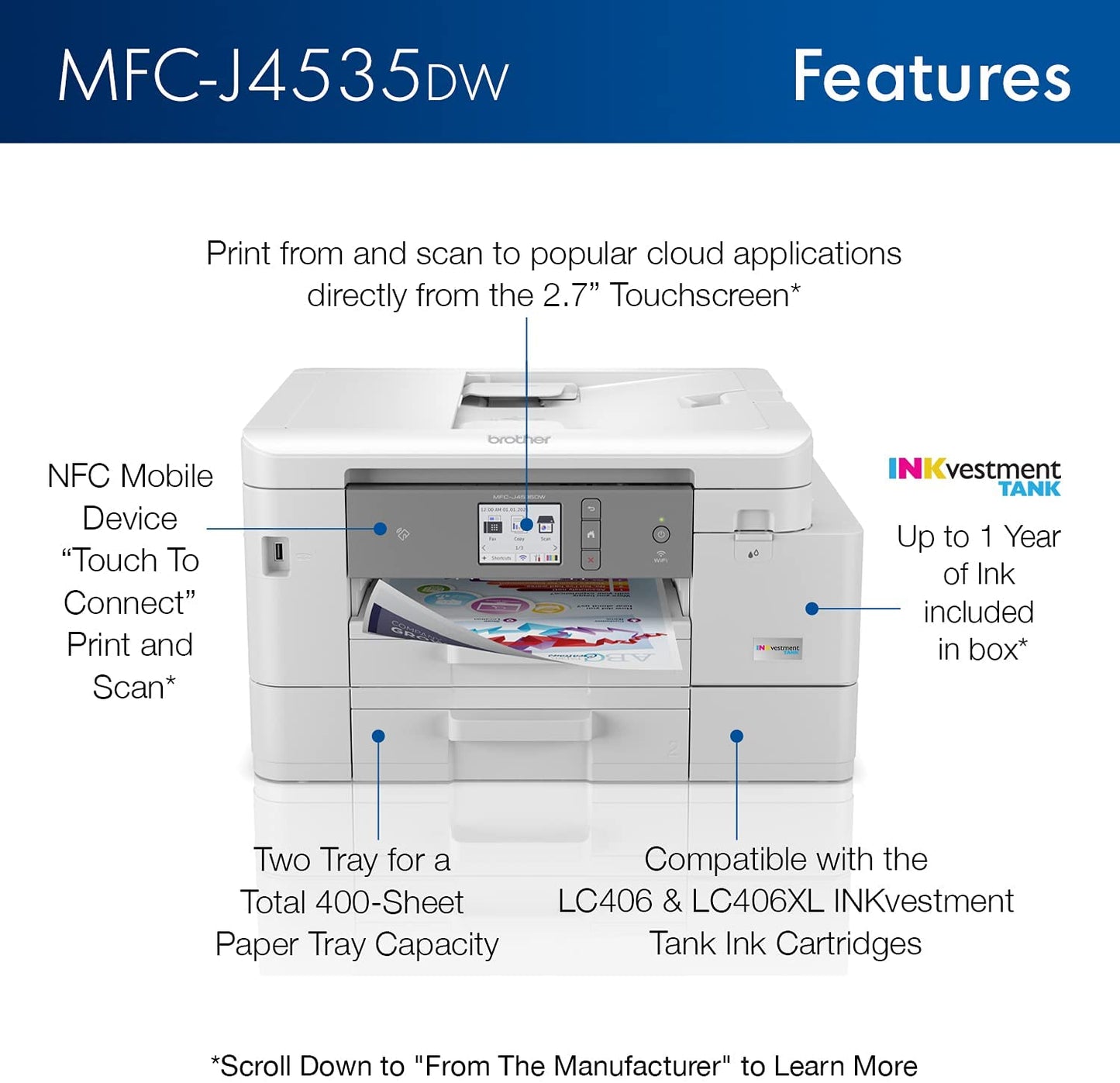 Brother MFC-J4535DW INKvestment Tank All-in-One Color Inkjet Printer with NFC, Duplex and Wireless Printing Plus Up to 1-Year of Ink in-Box