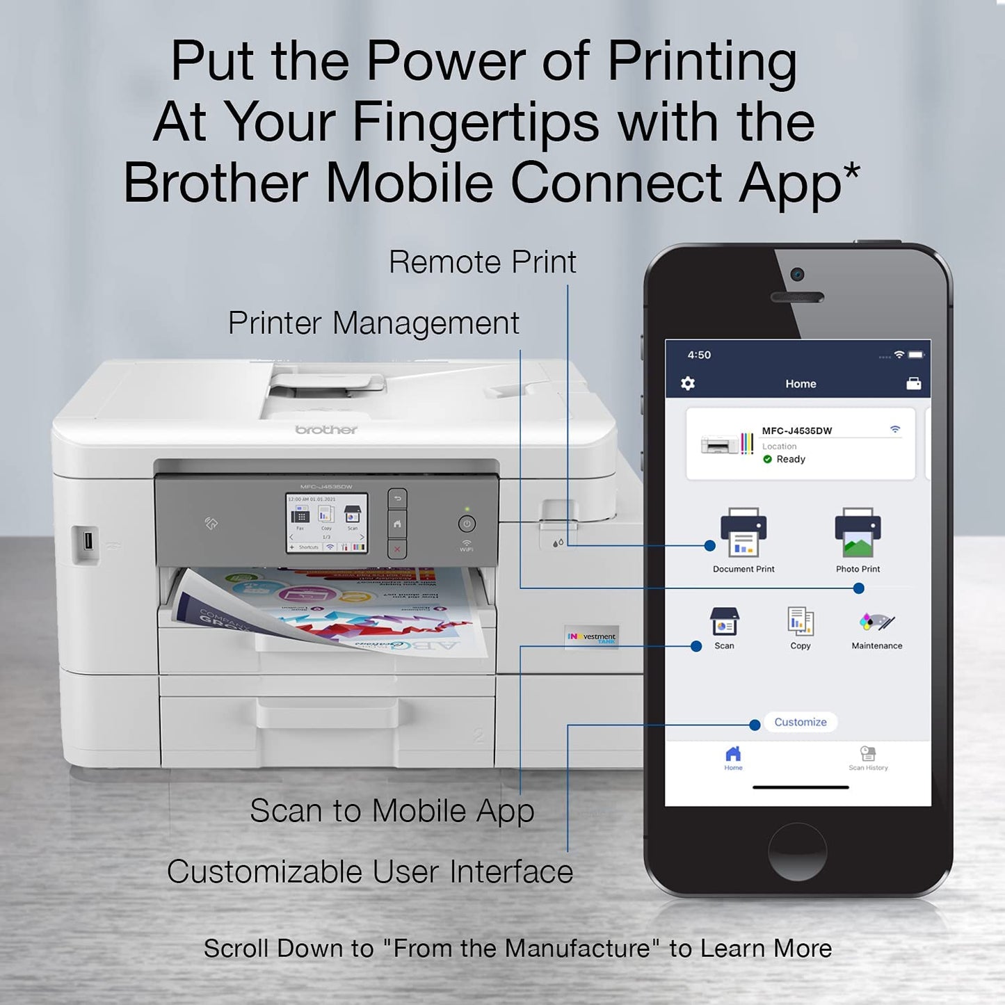 Brother MFC-J4535DW INKvestment Tank All-in-One Color Inkjet Printer with NFC, Duplex and Wireless Printing Plus Up to 1-Year of Ink in-Box